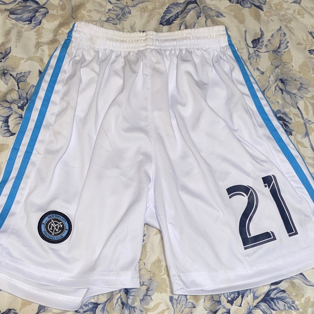 adidas White Athletic Shorts with Light Blue Stripes and Number 21